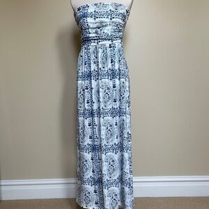 Grace Karin Blue White Strapless Maxi Dress, Pockets Boho Vacation Sundress, M